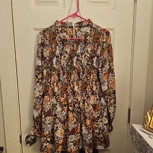 BloomChic Brown and Orange Mock Neck Sundress with Ruched Details